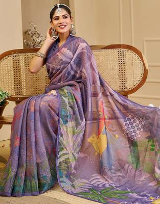 purple cotton blend zari weaving floral digital print festive saree with unstitched blouse piece 4
