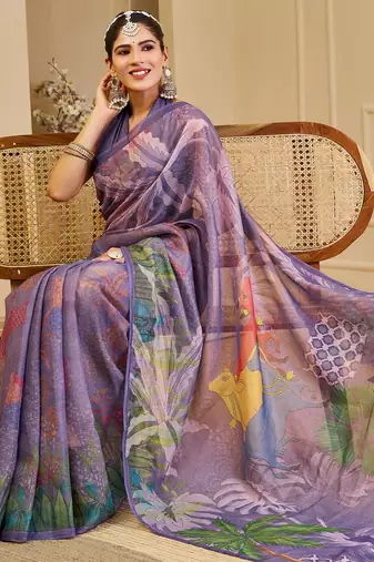 purple cotton blend zari weaving floral digital print festive saree with unstitched blouse piece