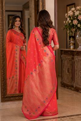 Orange soft silk blend banarasi jacuard work festive saree with unstitched blouse piece 4