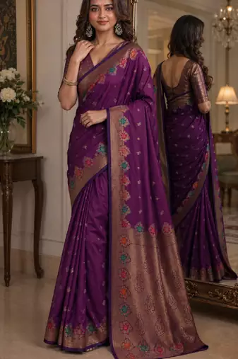 Wine soft silk blend banarasi jacuard work festive saree with unstitched blouse piece