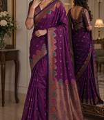 Wine soft silk blend banarasi jacuard work festive saree with unstitched blouse piece