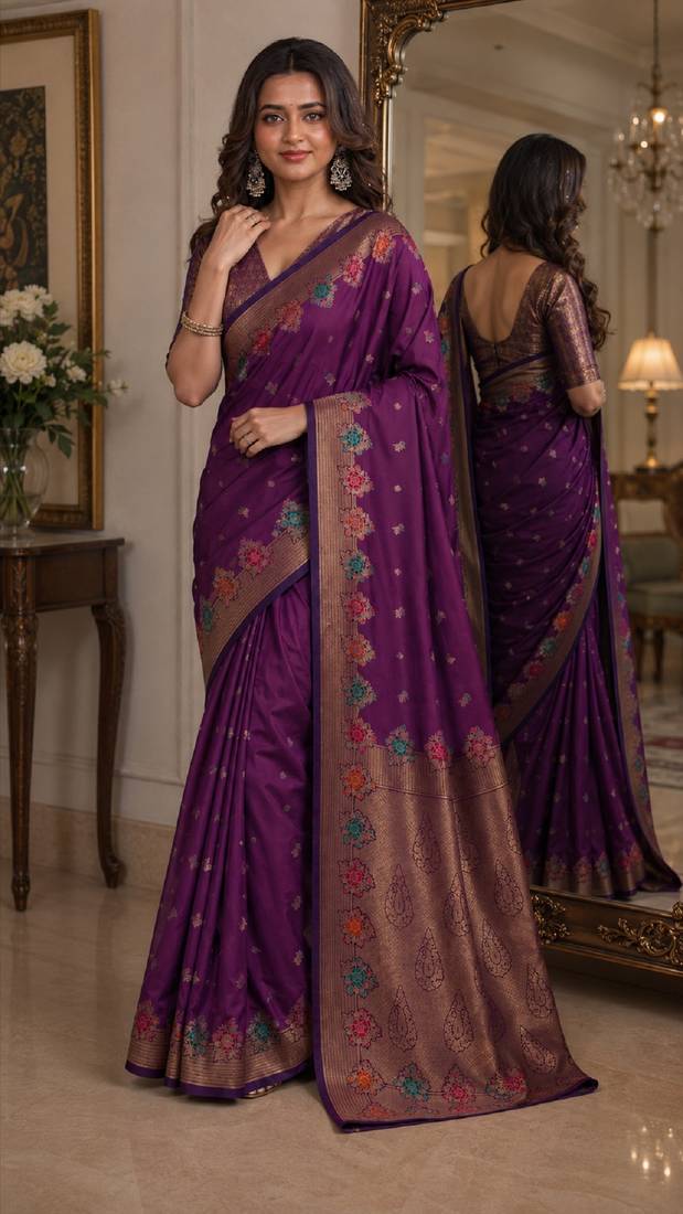 Wine soft silk blend banarasi jacuard work festive saree with unstitched blouse piece