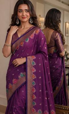 Wine soft silk blend banarasi jacuard work festive saree with unstitched blouse piece 2
