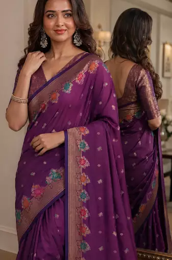 Wine soft silk blend banarasi jacuard work festive saree with unstitched blouse piece