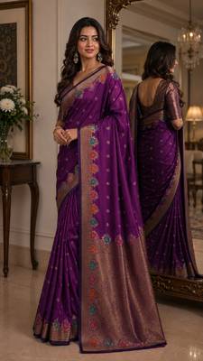Wine soft silk blend banarasi jacuard work festive saree with unstitched blouse piece 3