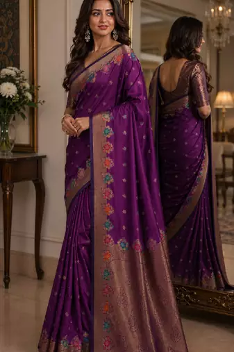 Wine soft silk blend banarasi jacuard work festive saree with unstitched blouse piece