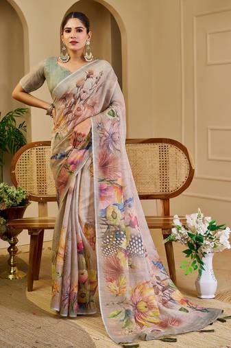 cream cotton blend zari weaving floral digital print festive saree with unstitched blouse piece