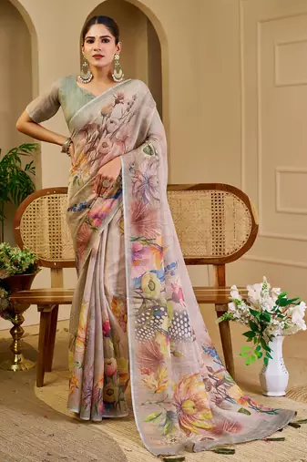 cream cotton blend zari weaving floral digital print festive saree with unstitched blouse piece