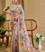 cream cotton blend zari weaving floral digital print festive saree with unstitched blouse piece