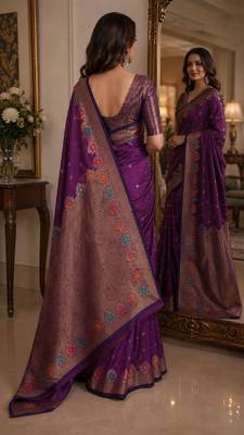 Wine soft silk blend banarasi jacuard work festive saree with unstitched blouse piece 4