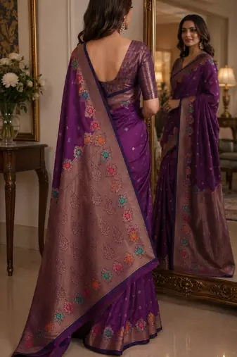 Wine soft silk blend banarasi jacuard work festive saree with unstitched blouse piece