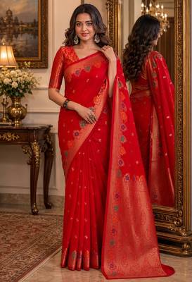 Red soft silk blend banarasi jacuard work festive saree with unstitched blouse piece 1