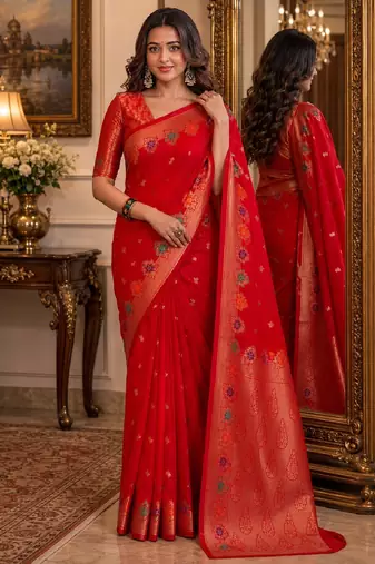 Red soft silk blend banarasi jacuard work festive saree with unstitched blouse piece