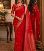 Red soft silk blend banarasi jacuard work festive saree with unstitched blouse piece