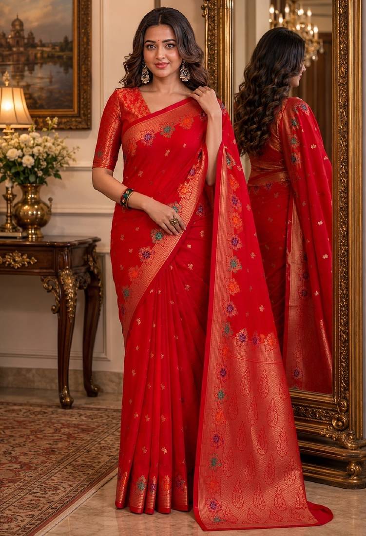 Red soft silk blend banarasi jacuard work festive saree with unstitched blouse piece