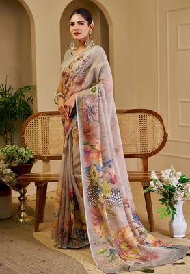 cream cotton blend zari weaving floral digital print festive saree with unstitched blouse piece 2