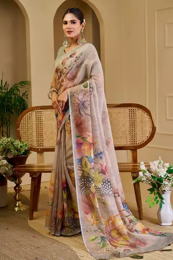 cream cotton blend zari weaving floral digital print festive saree with unstitched blouse piece
