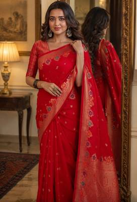 Red soft silk blend banarasi jacuard work festive saree with unstitched blouse piece 2
