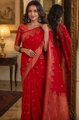 Red soft silk blend banarasi jacuard work festive saree with unstitched blouse piece