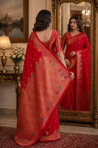 Red soft silk blend banarasi jacuard work festive saree with unstitched blouse piece