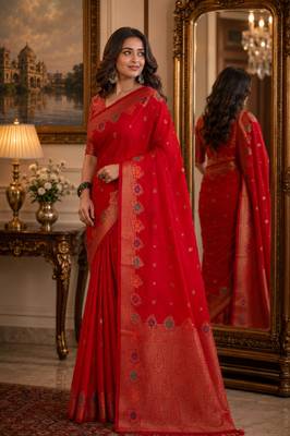 Red soft silk blend banarasi jacuard work festive saree with unstitched blouse piece 4