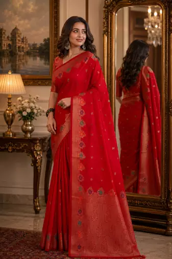 Red soft silk blend banarasi jacuard work festive saree with unstitched blouse piece