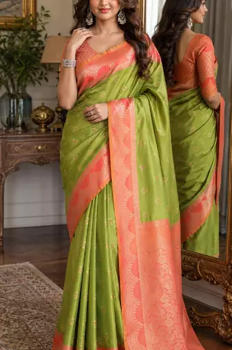 Mehendi soft silk blend banarasi jacuard work festive saree with unstitched blouse piece