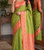 Mehendi soft silk blend banarasi jacuard work festive saree with unstitched blouse piece