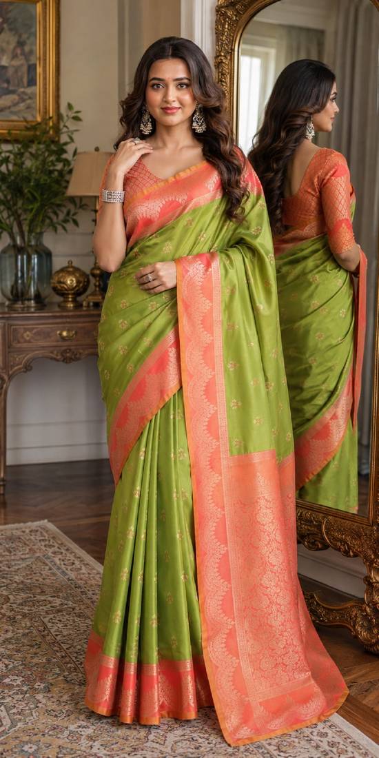 Mehendi soft silk blend banarasi jacuard work festive saree with unstitched blouse piece