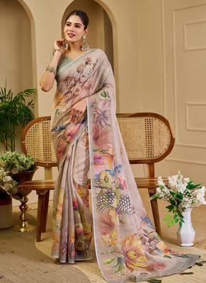 cream cotton blend zari weaving floral digital print festive saree with unstitched blouse piece 4