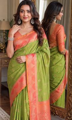 Mehendi soft silk blend banarasi jacuard work festive saree with unstitched blouse piece 2