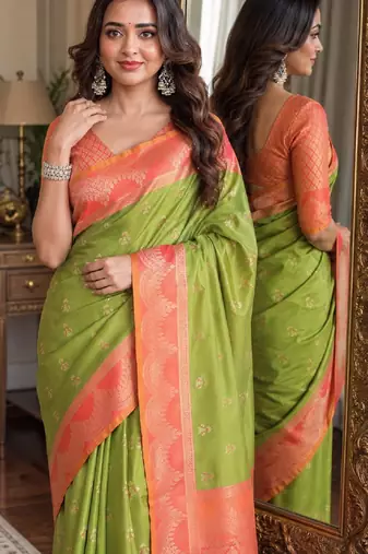 Mehendi soft silk blend banarasi jacuard work festive saree with unstitched blouse piece