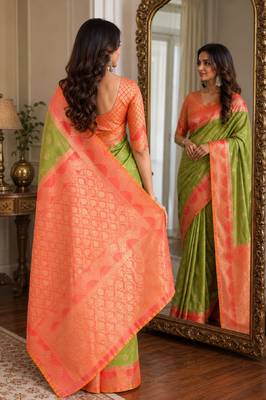 Mehendi soft silk blend banarasi jacuard work festive saree with unstitched blouse piece 3