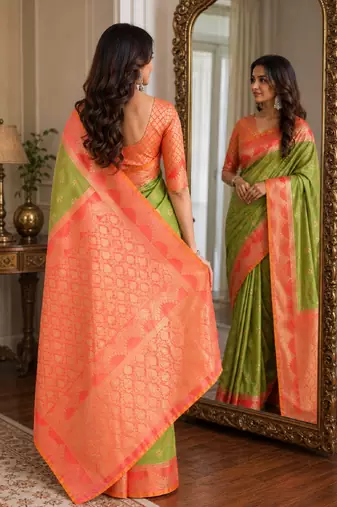 Mehendi soft silk blend banarasi jacuard work festive saree with unstitched blouse piece