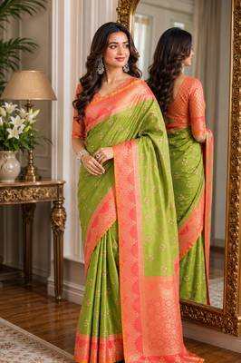 Mehendi soft silk blend banarasi jacuard work festive saree with unstitched blouse piece 4