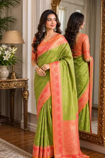 Mehendi soft silk blend banarasi jacuard work festive saree with unstitched blouse piece