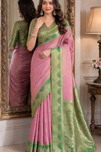Pink soft silk blend banarasi jacuard work festive saree with unstitched blouse piece
