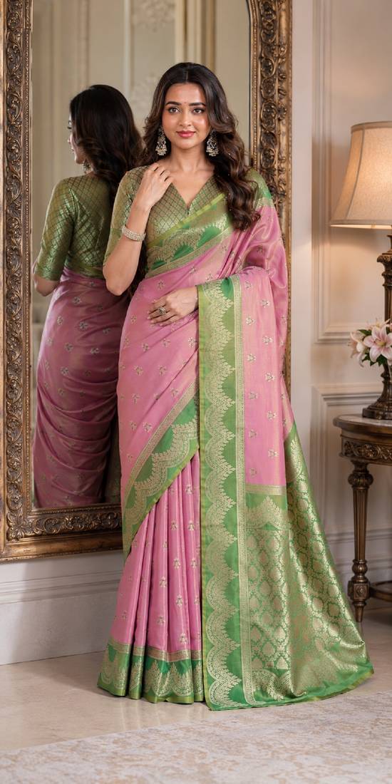 Pink soft silk blend banarasi jacuard work festive saree with unstitched blouse piece