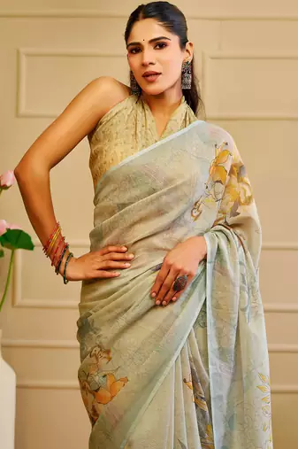 sky cotton blend zari weaving floral digital print festive saree with unstitched blouse piece