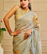 sky cotton blend zari weaving floral digital print festive saree with unstitched blouse piece