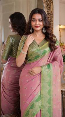 Pink soft silk blend banarasi jacuard work festive saree with unstitched blouse piece 2
