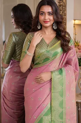Pink soft silk blend banarasi jacuard work festive saree with unstitched blouse piece