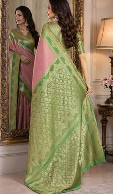 Pink soft silk blend banarasi jacuard work festive saree with unstitched blouse piece 3