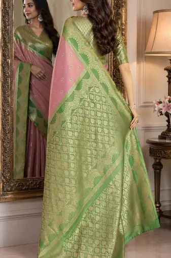 Pink soft silk blend banarasi jacuard work festive saree with unstitched blouse piece