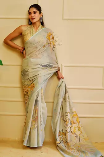 sky cotton blend zari weaving floral digital print festive saree with unstitched blouse piece