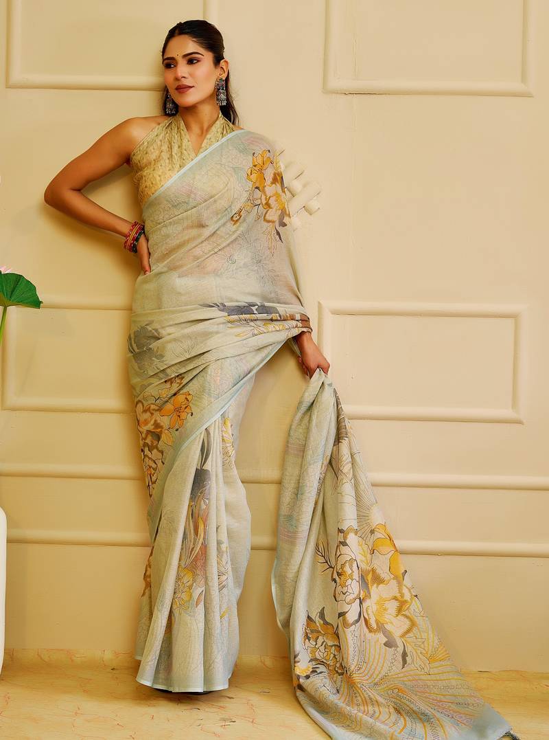 sky cotton blend zari weaving floral digital print festive saree with unstitched blouse piece