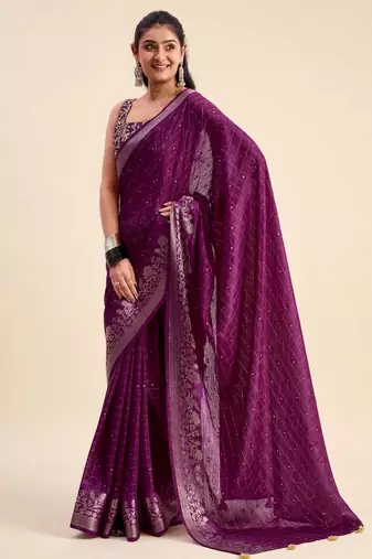 purple chiffon fabric smart festive graceful saree