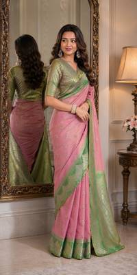 Pink soft silk blend banarasi jacuard work festive saree with unstitched blouse piece 4