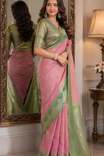 Pink soft silk blend banarasi jacuard work festive saree with unstitched blouse piece