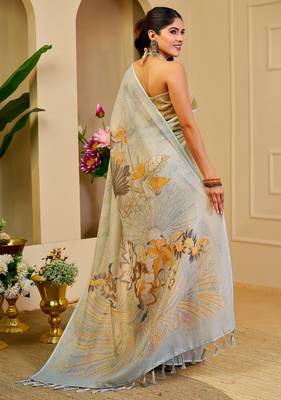 sky cotton blend zari weaving floral digital print festive saree with unstitched blouse piece 3